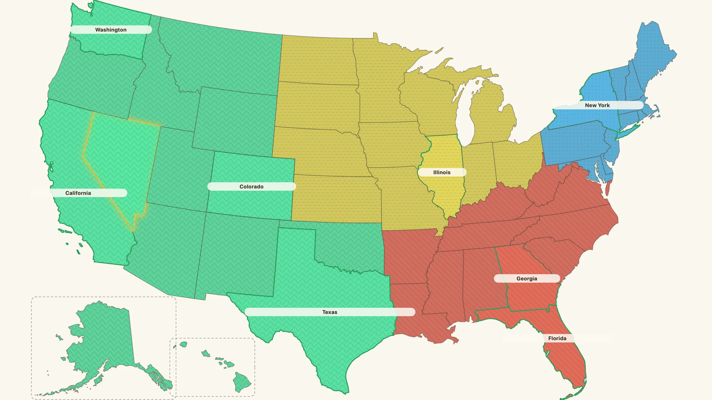 GeoKids Find the State: a United States map with several states already solved — green borders with their names inside — and Nevada glowing as the current target.
