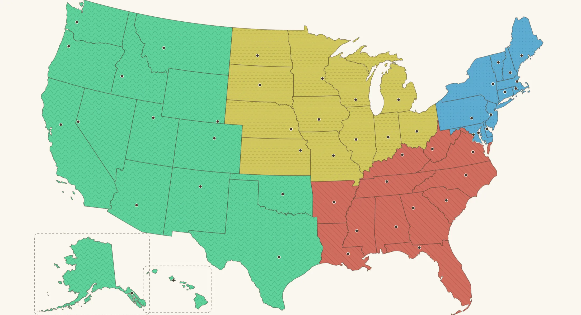 The United States in GeoKids: each region in a distinct color and texture, with capital-city markers and Alaska and Hawaii insets.